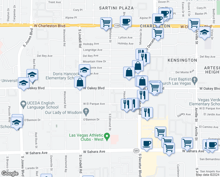 map of restaurants, bars, coffee shops, grocery stores, and more near 5299 W Oakey Blvd in Las Vegas