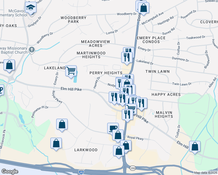 map of restaurants, bars, coffee shops, grocery stores, and more near 2719 Nodyne Drive in Nashville