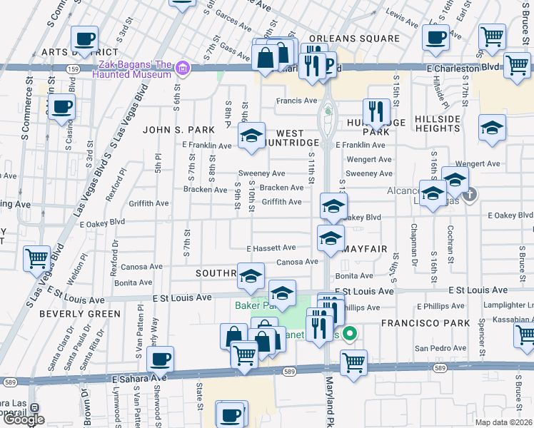map of restaurants, bars, coffee shops, grocery stores, and more near 1030 East Oakey Boulevard in Las Vegas