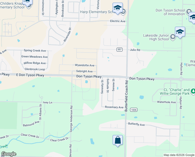map of restaurants, bars, coffee shops, grocery stores, and more near 3676 Serenity Street in Springdale