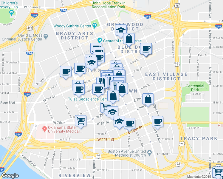 map of restaurants, bars, coffee shops, grocery stores, and more near 11 East 5th Street in Tulsa