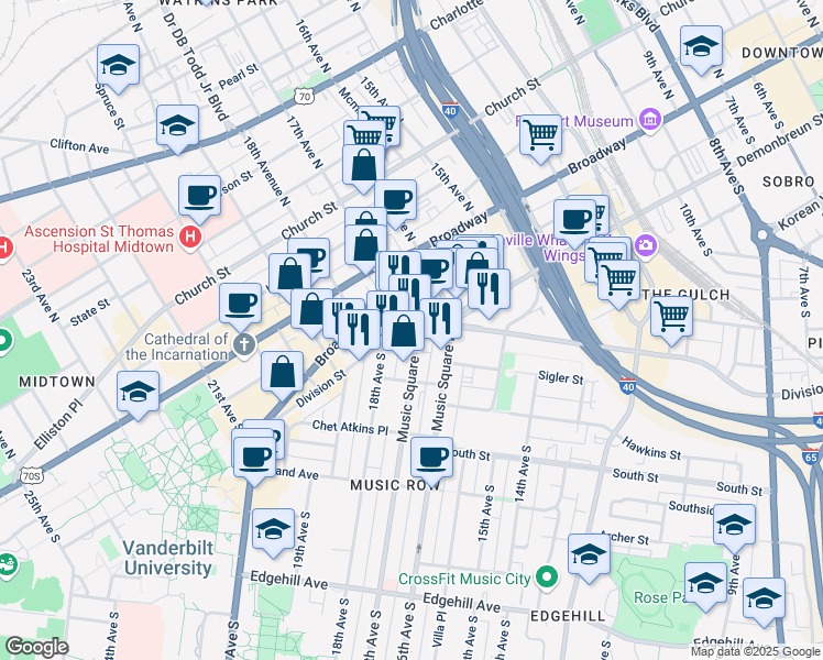 map of restaurants, bars, coffee shops, grocery stores, and more near 1 Music Square West in Nashville