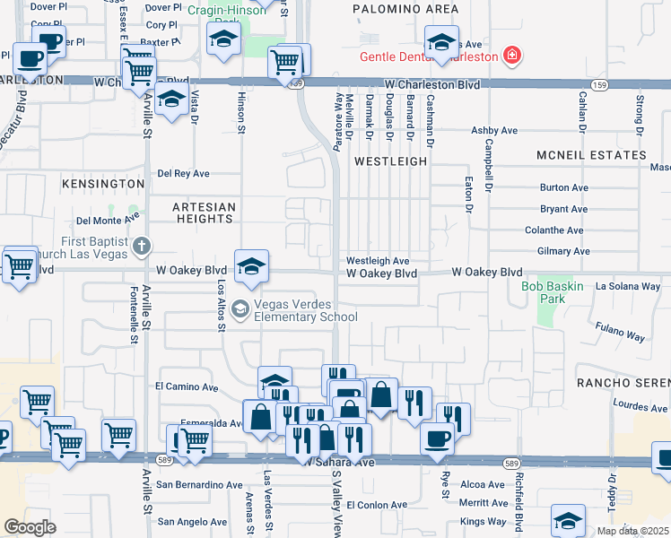 map of restaurants, bars, coffee shops, grocery stores, and more near 1600 South Valley View Boulevard in Las Vegas