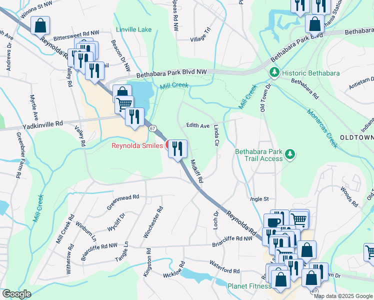 map of restaurants, bars, coffee shops, grocery stores, and more near 3218 Midkiff Road in Winston-Salem
