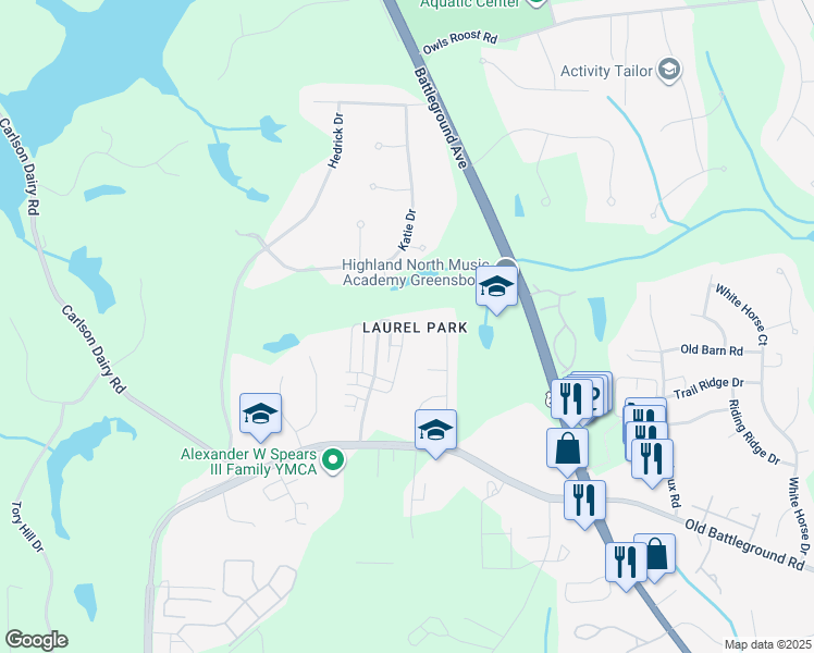 map of restaurants, bars, coffee shops, grocery stores, and more near 4706 Merlot Way in Greensboro