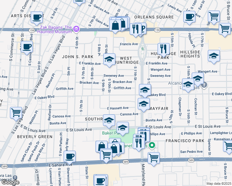 map of restaurants, bars, coffee shops, grocery stores, and more near 1017 East Oakey Boulevard in Las Vegas