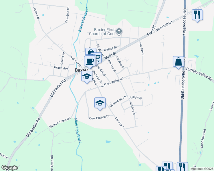 map of restaurants, bars, coffee shops, grocery stores, and more near 233 Buffalo Valley Road in Baxter