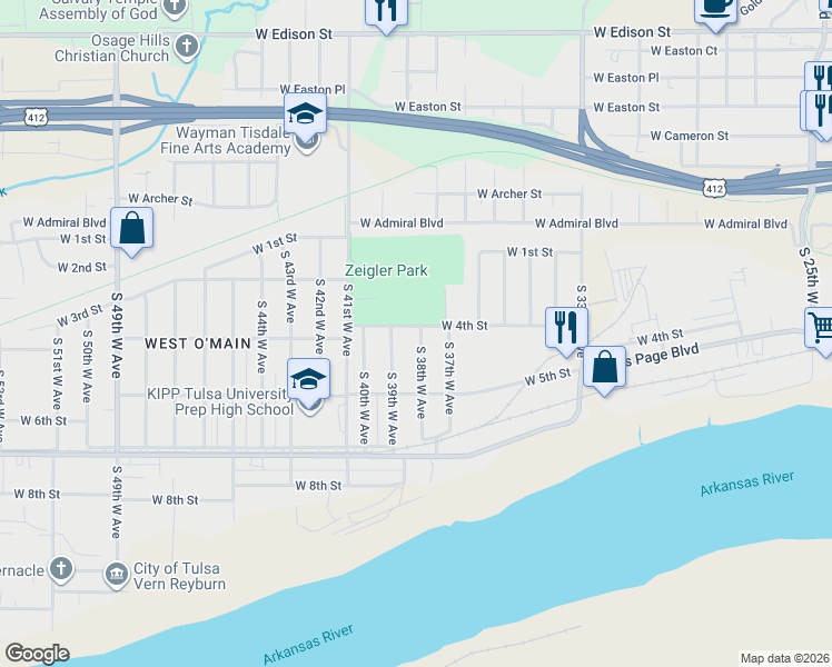 map of restaurants, bars, coffee shops, grocery stores, and more near 3804 West 4th Street in Tulsa