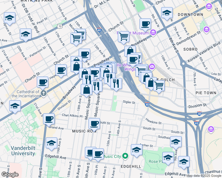 map of restaurants, bars, coffee shops, grocery stores, and more near 100 Division Street in Nashville