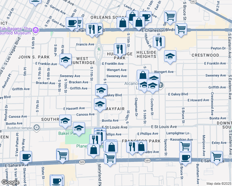 map of restaurants, bars, coffee shops, grocery stores, and more near 1401 East Oakey Boulevard in Las Vegas