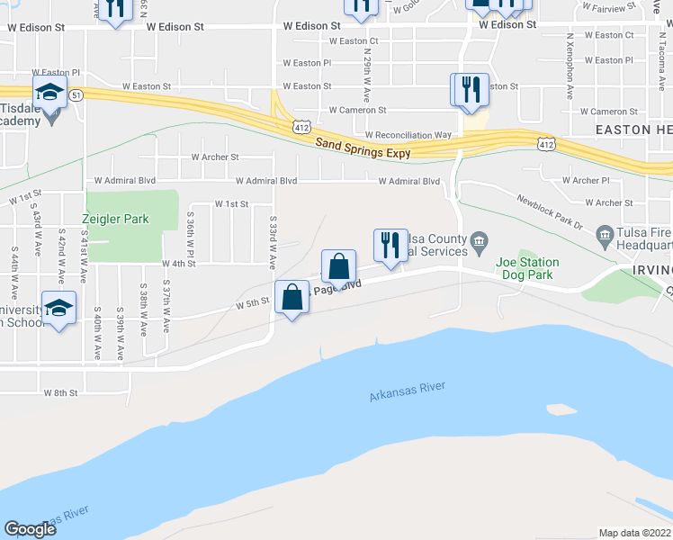 map of restaurants, bars, coffee shops, grocery stores, and more near South 31st West Avenue in Tulsa