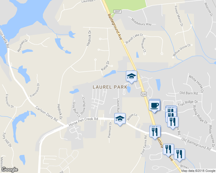 map of restaurants, bars, coffee shops, grocery stores, and more near 4706 Merlot Way in Greensboro