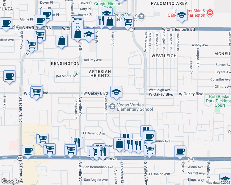 map of restaurants, bars, coffee shops, grocery stores, and more near 3900 West Oakey Boulevard in Las Vegas