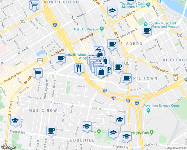map of restaurants, bars, coffee shops, grocery stores, and more near 1200 Division Street in Nashville