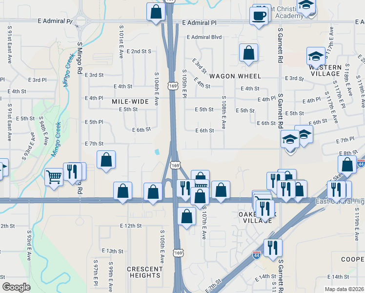 map of restaurants, bars, coffee shops, grocery stores, and more near 630 South 105th East Place in Tulsa