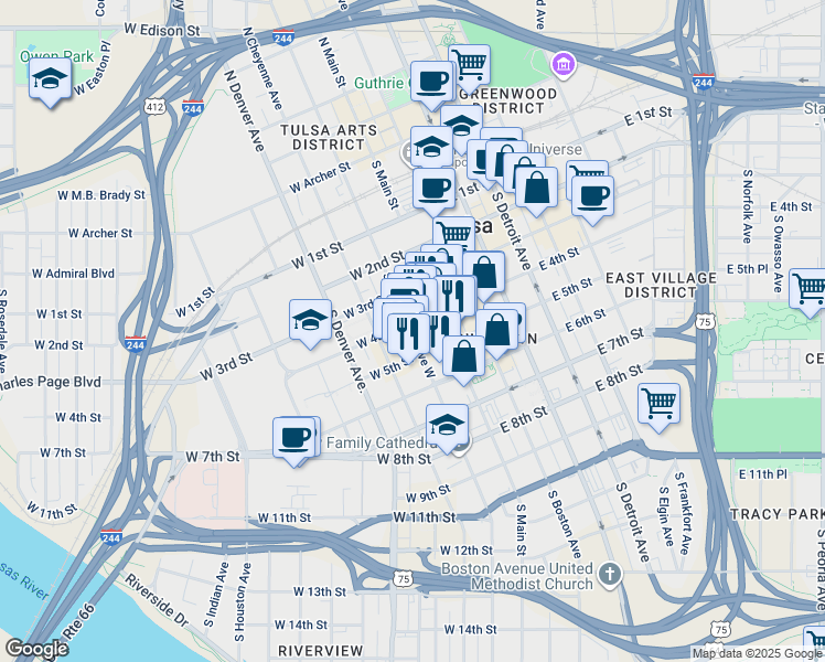 map of restaurants, bars, coffee shops, grocery stores, and more near 17 West 5th Street in Tulsa