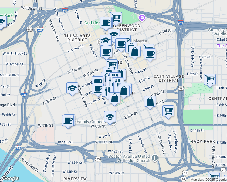 map of restaurants, bars, coffee shops, grocery stores, and more near 11 East 5th Street in Tulsa