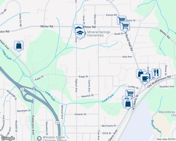 map of restaurants, bars, coffee shops, grocery stores, and more near 4420 Carrie Avenue in Winston-Salem