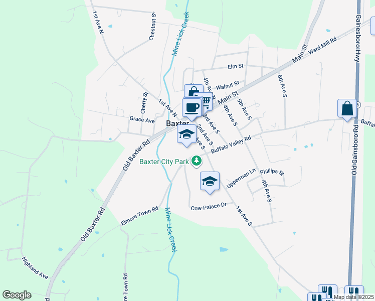 map of restaurants, bars, coffee shops, grocery stores, and more near 125 Elmore Town Road in Baxter