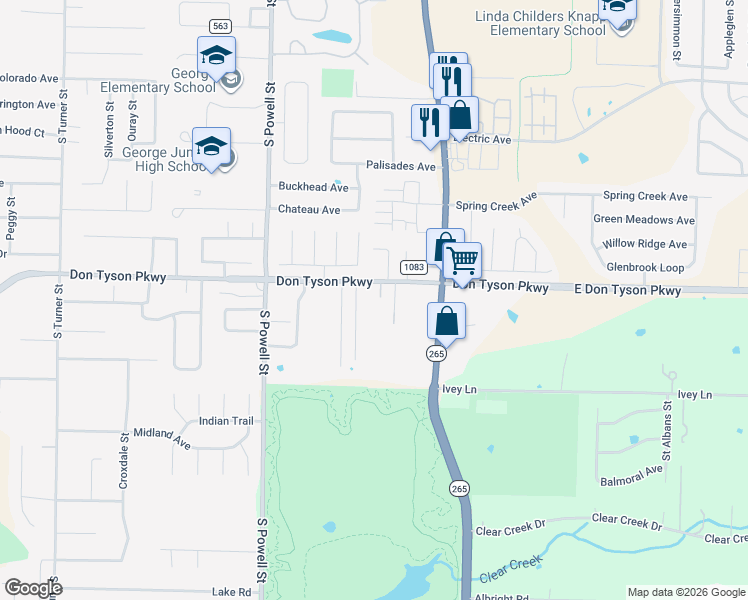 map of restaurants, bars, coffee shops, grocery stores, and more near 915 East Don Tyson Parkway in Springdale