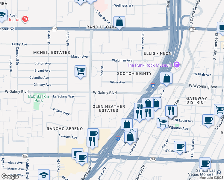 map of restaurants, bars, coffee shops, grocery stores, and more near 2106 West Oakey Boulevard in Las Vegas