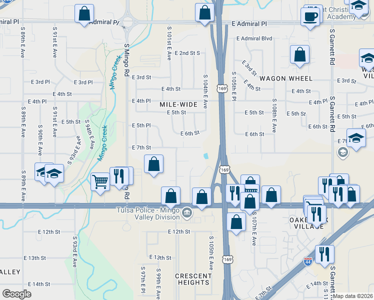 map of restaurants, bars, coffee shops, grocery stores, and more near 707 South 101st East Avenue in Tulsa