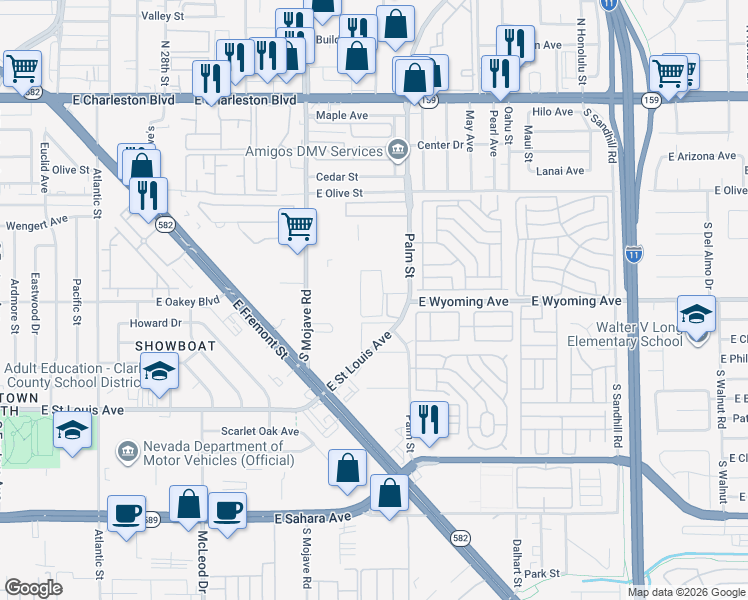 map of restaurants, bars, coffee shops, grocery stores, and more near 1755 Palm Street in Las Vegas