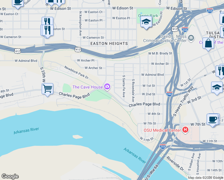 map of restaurants, bars, coffee shops, grocery stores, and more near 116 South Tacoma Avenue in Tulsa