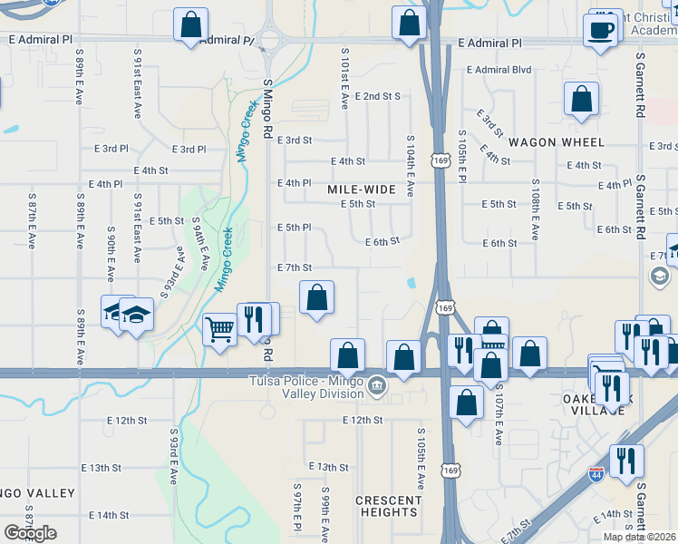 map of restaurants, bars, coffee shops, grocery stores, and more near 706 South 101st East Avenue in Tulsa