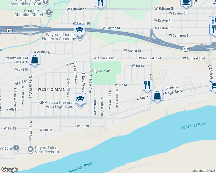 map of restaurants, bars, coffee shops, grocery stores, and more near 3804 West 4th Street in Tulsa