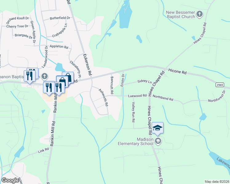 map of restaurants, bars, coffee shops, grocery stores, and more near 5300 Bancroft Road in Greensboro
