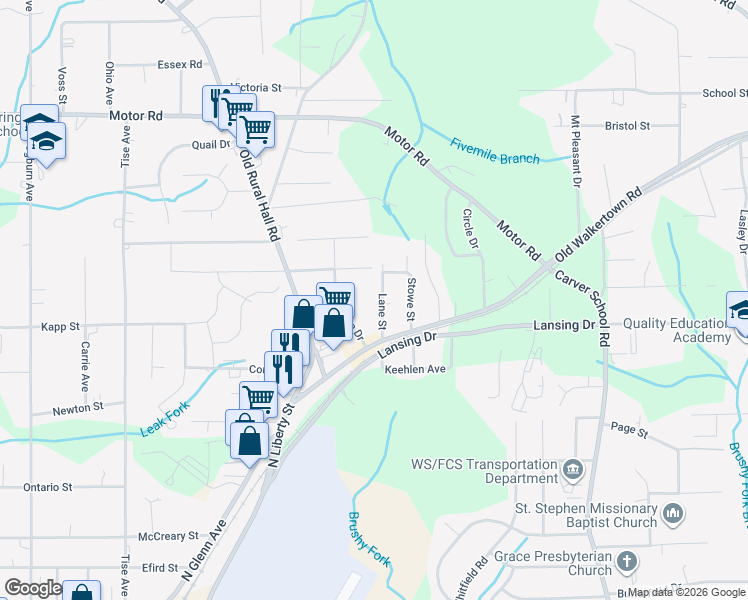 map of restaurants, bars, coffee shops, grocery stores, and more near 4424 Lane Street in Winston-Salem