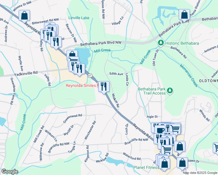 map of restaurants, bars, coffee shops, grocery stores, and more near 3218 Midkiff Road in Winston-Salem
