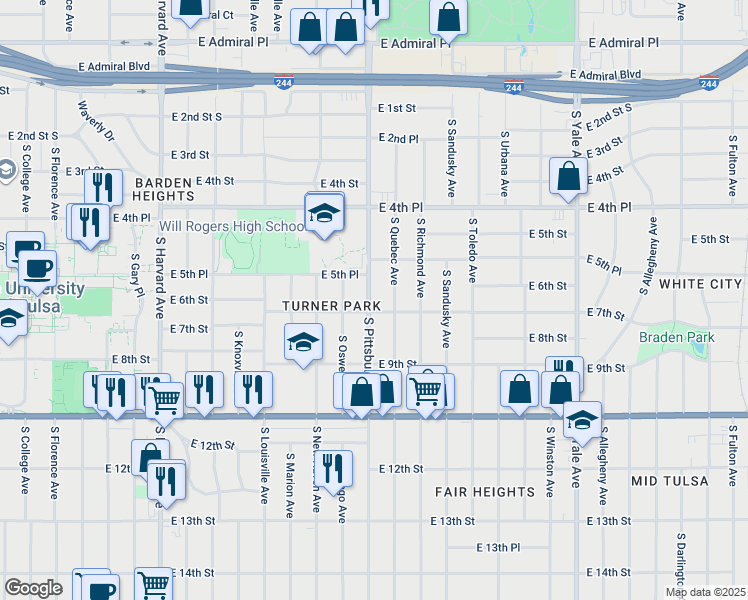 map of restaurants, bars, coffee shops, grocery stores, and more near 4107 East 7th Street in Tulsa