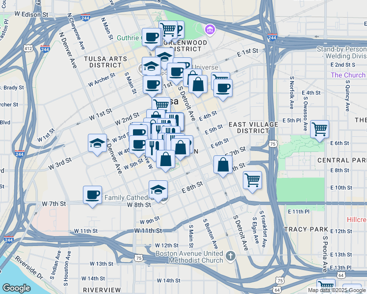 map of restaurants, bars, coffee shops, grocery stores, and more near in Tulsa