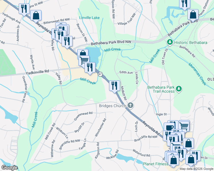 map of restaurants, bars, coffee shops, grocery stores, and more near 3300 Reynolda Road in Winston-Salem