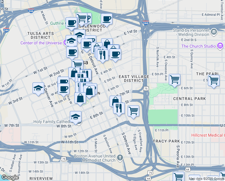 map of restaurants, bars, coffee shops, grocery stores, and more near 606 South Elgin Avenue in Tulsa