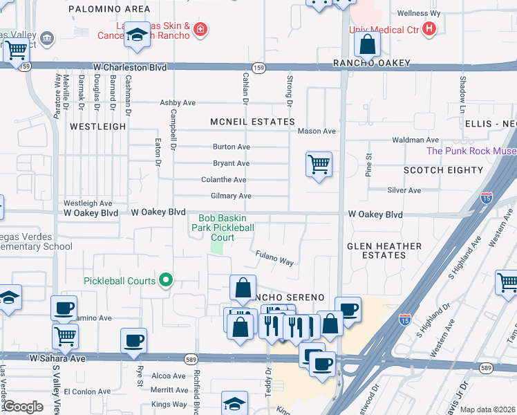 map of restaurants, bars, coffee shops, grocery stores, and more near 2704 West Oakey Boulevard in Las Vegas