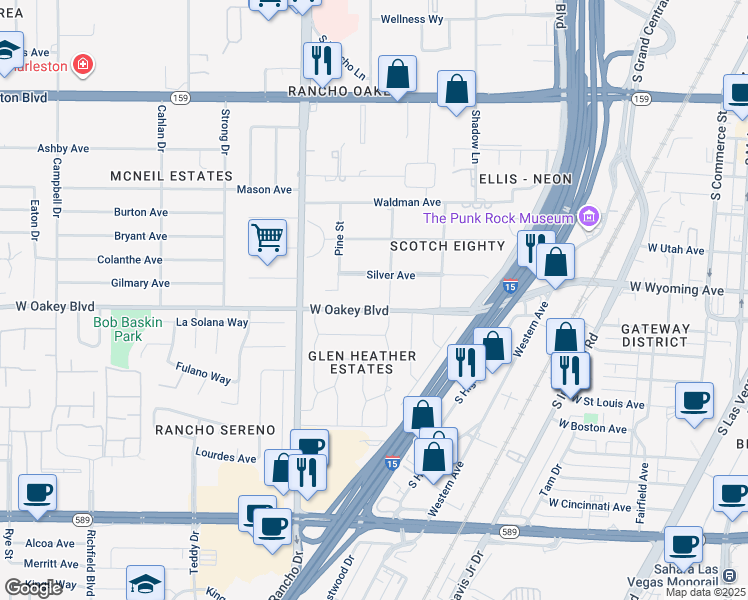 map of restaurants, bars, coffee shops, grocery stores, and more near 2106 West Oakey Boulevard in Las Vegas