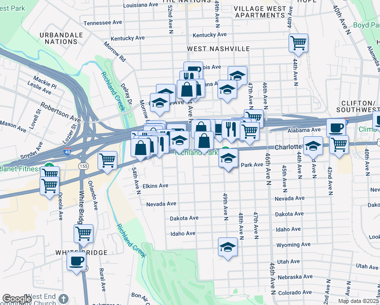 map of restaurants, bars, coffee shops, grocery stores, and more near 378 51st Avenue North in Nashville