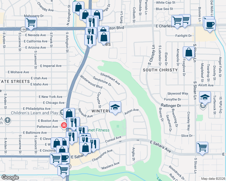map of restaurants, bars, coffee shops, grocery stores, and more near 1904 Winterwood Boulevard in Las Vegas