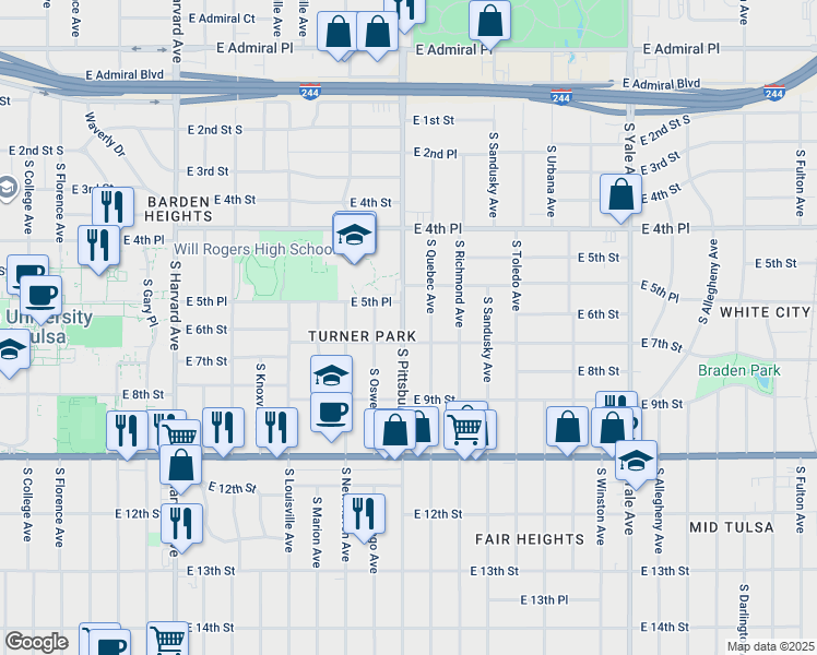 map of restaurants, bars, coffee shops, grocery stores, and more near 4107 East 7th Street in Tulsa