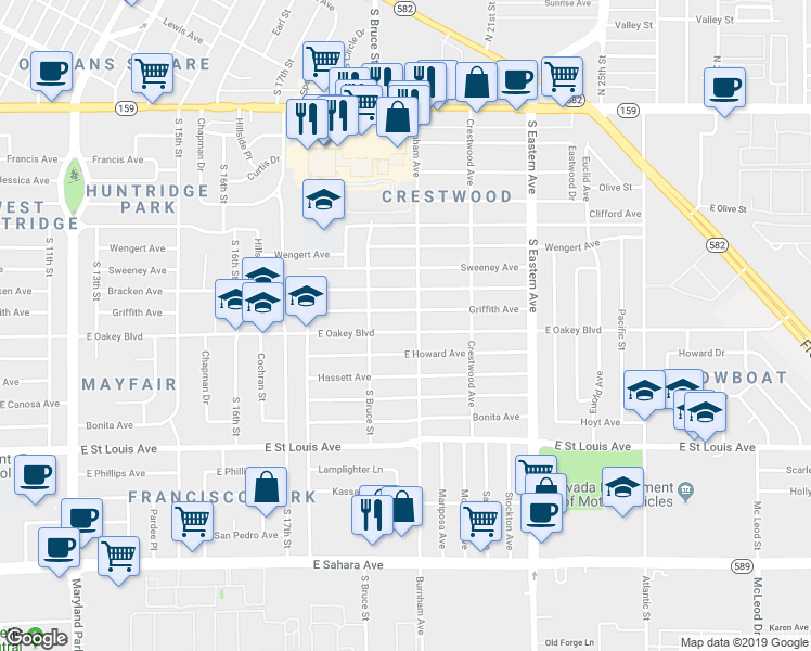 map of restaurants, bars, coffee shops, grocery stores, and more near 1821 East Oakey Boulevard in Las Vegas