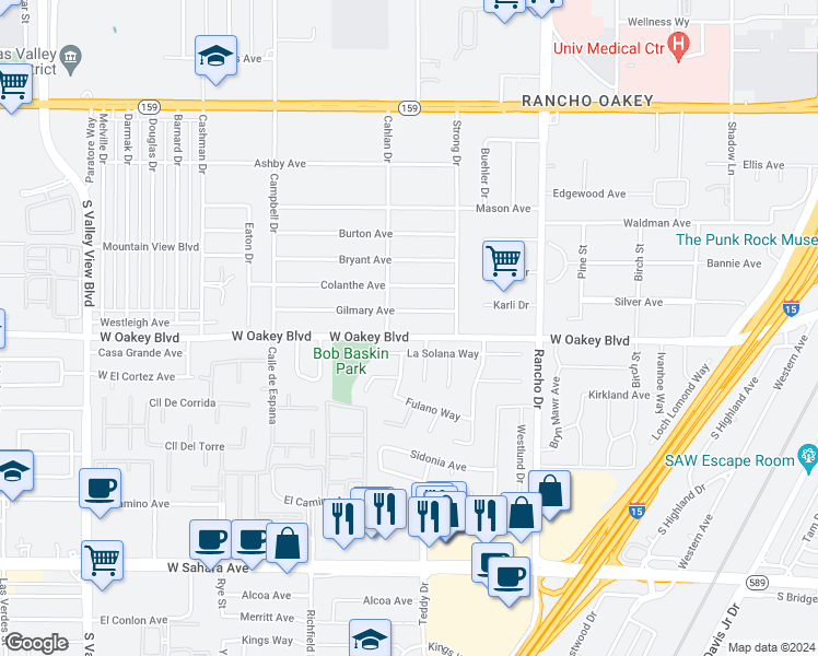 map of restaurants, bars, coffee shops, grocery stores, and more near 2704 West Oakey Boulevard in Las Vegas