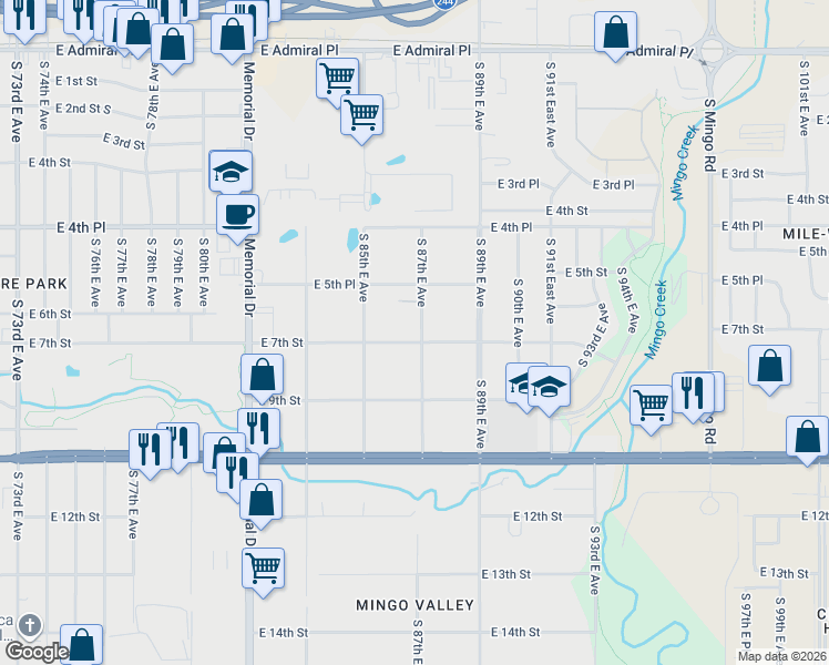 map of restaurants, bars, coffee shops, grocery stores, and more near 706 South 87th East Avenue South in Tulsa