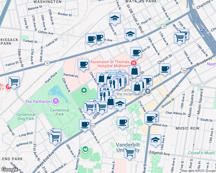 map of restaurants, bars, coffee shops, grocery stores, and more near 215 Louise Avenue in Nashville