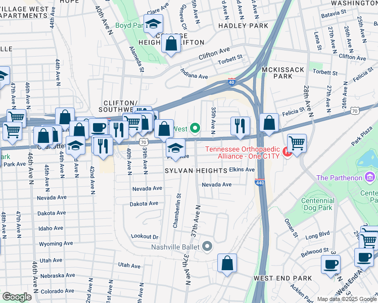 map of restaurants, bars, coffee shops, grocery stores, and more near 3706 Park Avenue in Nashville