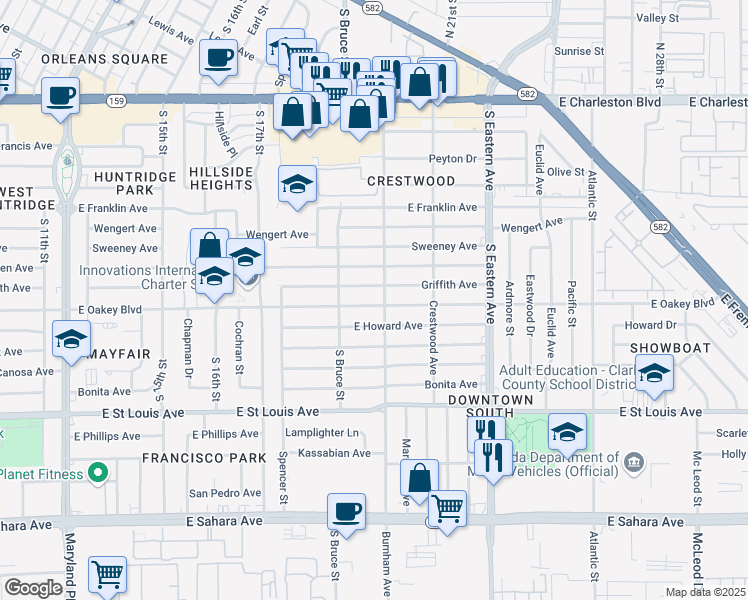 map of restaurants, bars, coffee shops, grocery stores, and more near 1821 East Oakey Boulevard in Las Vegas