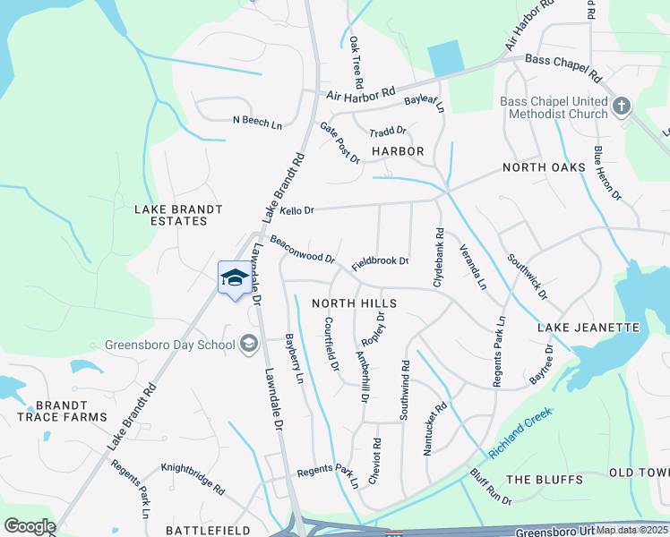 map of restaurants, bars, coffee shops, grocery stores, and more near 5705 Courtfield Drive in Greensboro