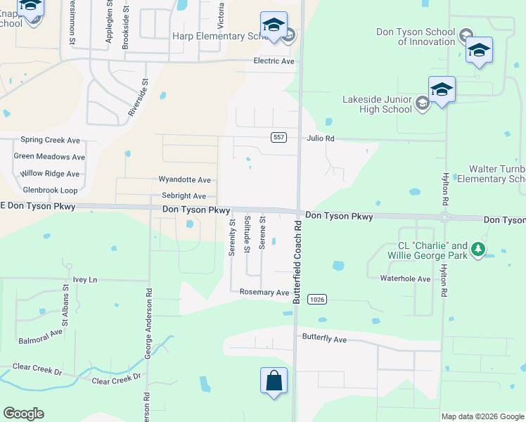 map of restaurants, bars, coffee shops, grocery stores, and more near 3653 Serene Street in Springdale